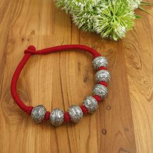 Handmade Oxidized <b>Silver</b> Beaded Statement Necklace, Green Thread Rope Chunky Tribal Necklace, Wholesale Bohemian Jewelry - Product Image 5