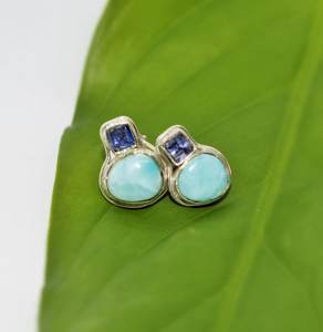 Pendientes de Plata de Ley 925 con Gemas Naturales de Larimar y Lolita en Forma de Pera, Joyería Moderna para Mujer para Bodas y Fiestas - Product Image 2
