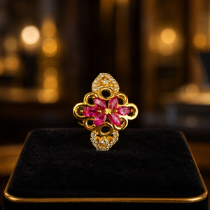 Atractivo Anillo Floral de Oro de 14k con Pétalos de Gemas Rosas y Trabajo de Esmalte Negro, Joyería para Mujer para Fiestas - Product Image 3