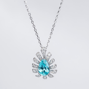Luxury <b>Blue</b> Teardrop Gemstone Pendant <b>Necklace</b> Silver Sunburst Diamond Look Chain Jewelry Elegant Fashion Gift for Women - Product Image 1