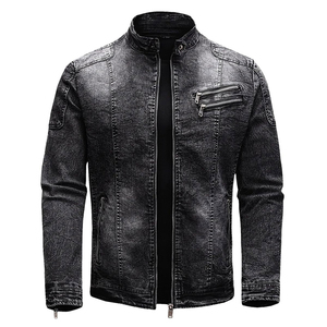 <b>Men's</b> Washed <b>Denim</b> <b>Jacket</b> Stand Collar Zipper Closure Slim Fit Moto Style Regular Sleeve Autumn Wear - Product Image 1