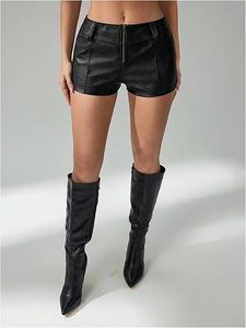 Shorts en similicuir pour femmes avec poches, taille haute, en cuir végétalien, shorts décontractés tendance, fabricant OEM - Product Image 1