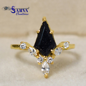 Anillo de Piedra Azul Sintética Chapado en Oro de Plata Esterlina 925 con Gema en Forma de Cometa y Circonita Cúbica, Joyería Vintage de Declaración para Mujer - Product Image 3