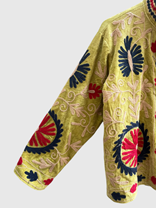 Green <b>Velvet</b> Embroidered Eye Pattern Mandarin Collar Jacket Full Sleeve Geometric Design Hand Embroidery Adult Autumn Wear - Product Image 4