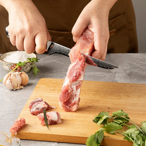 มีดแล่เนื้อเหล็กดามัสกัสทำมือ ด้ามเรซิ่น ใช้ได้ทั้งมือซ้ายและขวา ดีไซน์ทันสมัย พร้อมปลอกหนัง - Product Image 3