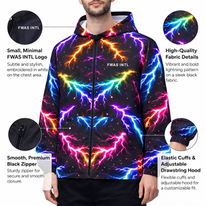 Veste à capuche zippée pour homme, imprimé néon éclair intégral, style streetwear Y2K, légère, fournisseur OEM en gros pour les acheteurs américains, vestes pour hommes - Product Image 2