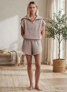 Women's Beige <b>2</b> <b>Piece</b> Shorts <b>Set</b> Loose Fit Turn-down Collar Zipper <b>Top</b> - Product Image 5