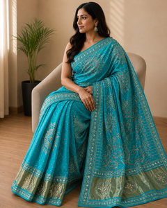 Sari en soie Moonga Bandhani Teal avec bordure brodée miroir, style vintage, longueur ras du sol, infroissable, élégant, pour mariage indien et fêtes, pour femme - Product Image 4