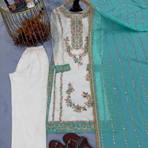 Ensemble Palazzo Haut en Soie Scintillante Premium avec Broderie Lourde, Sequins 5mm et Travail de Moti à Rivets – Tenue de Soirée Ethnique – Tailles M, L, XL, XXL - Product Image 1