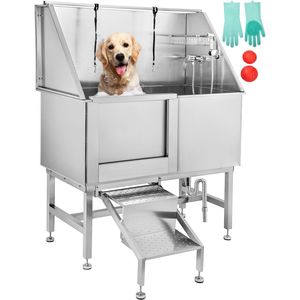 Vasca Professionale per Toelettatura Cani in Acciaio Inossidabile da 50 Pollici con Rubinetto e Gradini, Stazione di Lavaggio per Animali Domestici da Esterno - Product Image 1