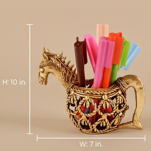 Organisateur de bureau en laiton Dhokra en forme de cheval, porte-stylo en métal artisanal tribal, décoration de bureau traditionnelle indienne - Product Image 2