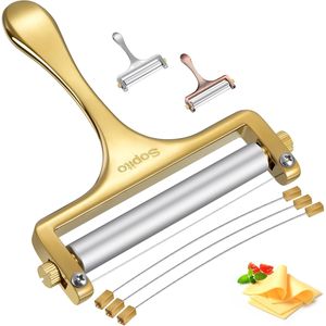 Idéal pour le cheddar, le gruyère, la raclette, la mozzarella - Trancheuse à fromage en acier inoxydable avec 3 fils supplémentaires dorés - Product Image 1