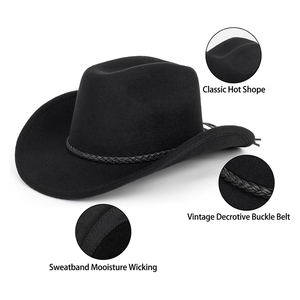 Chapeau de cowboy en feutre de laine noir unisexe Harry Johnson Production, style vintage à large bord avec bande tressée pour adultes, idéal pour l'extérieur - Product Image 1