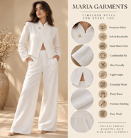 Set Celana Liburan Kerah Mandarin Tenun Berkualitas Premium - Blazer Kancing Elegan Putih dengan Celana Panjang Kaki Lebar Kasual Modern Grosir