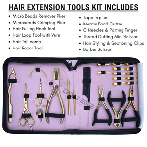 Kit d'outils pour extensions capillaires dorées : Pince à décolter les perles, Pince à sertir, Crochet à cheveux, Peigne à queue, Rasoir, Pince à couper les bandes adhésives - Product Image 2