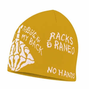 Gorro de punto jacquard amarillo mostaza con gráfico de dedo medio de esqueleto, estilo streetwear, gorro gótico unisex de invierno, venta al por mayor - Product Image 3