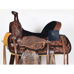 Sillín de caballo estilo Western de cuero marrón con diseño de cesta y motivos florales grabados a mano, asiento de gamuza negra, con juego de arreos, 10-18 pulgadas - Product Image 1
