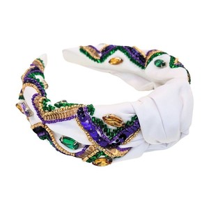 Statement Green <b>Beaded</b> <b>Headband</b> with Text Handmade Pearl Embroidered Wide Padded Hairband Custom Sports Spirit Fashion Hair - Product Image 4