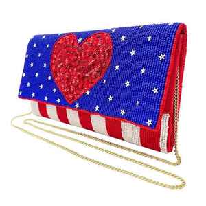 American Flag Beaded Clutch Bag <b>Red</b> Heart Sequin Purse Women Crossbody Chain Handbag 4th July Party Evening <b>Wallet</b> Striped Pouch - Product Image 1