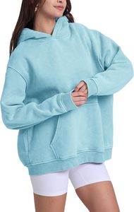 เสื้อสเวตเชิ้ตมีฮู้ดสีฟ้าอ่อนทรงโอเวอร์ไซส์สำหรับผู้หญิง ผ้าถักเนื้อฝ้ายสีพื้น มีกระเป๋าเสื้อ สวมใส่สบายๆ ในฤดูใบไม้ร่วง - Product Image 2