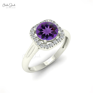 Nuevo Anillo de Halo de Amatista Natural de 6mm con Corte Redondo y Diamantes en Oro Sólido de 14k, Venta al por Mayor, Anillo de Compromiso y Boda, Regalo - Product Image 1