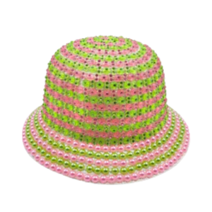 Sombrero de Pescador AKA Rosa y Verde con Perlas, Sombrero de Sol de Moda para Mujer, Decorativo con Pedrería, Informal y Moderno - Product Image 1