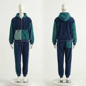 ชุดวอร์มแบบ unisex สีฟ้าเขียวลายปะติดปะต่อ เสื้อฮู้ดซิปและกางเกงจ็อกเกอร์ ชุดลำลองฤดูหนาวเนื้อผ้านุ่มอุ่น ชุดสองชิ้น - Product Image 1