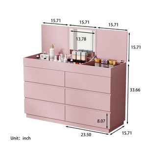 Commode rose gaufrée ZSH012 P2 en panneaux de particules de 12 mm avec six tiroirs et miroir 120*40*85.5cm, finition mélaminée - Product Image 3