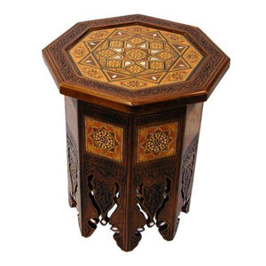 Table d'appoint marocaine en bois sculpté à la main avec incrustation de nacre, finition antique, mosaïque en bois de noyer. - Product Image 1