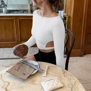 Women Off-The-Shoulder <b>Long</b> <b>Sleeve</b> Yoga <b>Top</b> Solid Color Cut-Out Seamless Activewear <b>White</b> - Product Image 5