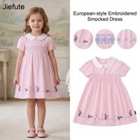 Robe smockée en coton mélangé Jiefute en gros, style européen, motif floral rose, broderie lapin, pour filles de 2 à 7 ans