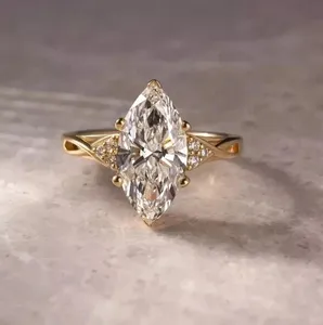 Anillo de Compromiso Solitario de Plata de Ley con Corte Marquesa de 3.00CT, Diamante Tishya, Certificado GRA, Lujoso, Oro Amarillo de 14k - Product Image 2