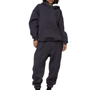 Conjunto Deportivo Informal para Mujer, Sudadera con Capucha y Pantalones Jogger de Algodón Azul Marino Oscuro, Corte Holgado, Manga Larga, Color Sólido, para Otoño - Product Image 3