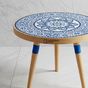 Handcrafted Round Decorative Accent <b>Stool</b> <b>with</b> Natural Wood Legs Blue Geometric Pattern Wooden <b>Stool</b> - Product Image 3