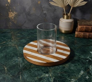 Sous-verre rond en bois et nacre pour décoration de table - Product Image 1