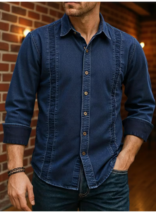 Camisa de Mezclilla TRIBON SPORTS para Hombre, Corte Slim Fit, Transpirable, Manga Larga, Cierre de Botones, Lavado Medio, Color Sólido, Estilo Moderno, 100% Algodón - Product Image 1