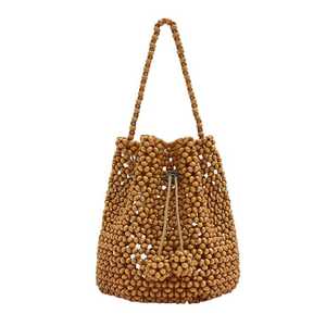 Sac seau en perles de bois fait main, style bohème, sac fourre-tout à cordon, couleur marron naturel, décoration intérieure - Product Image 1