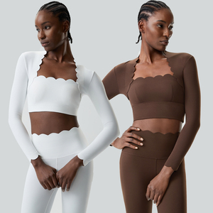 White Strapless Square Neck Long Sleeve Full Length Scallop <b>Hem</b> Low Waist Seamless Yoga 2-Piece Set Quick Dry Large Size - Product Image 1