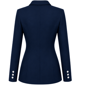 Blazer sur mesure bleu marine pour femme, croisé, coupe ajustée, manches longues, veste de costume formelle pour le bureau avec logo sur la poitrine - Product Image 2