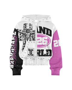 Sudaderas con capucha y cremallera extragrandes personalizadas con estampado gráfico y mangas de cristal con bloques de color, estilo urbano, para unisex. - Product Image 1