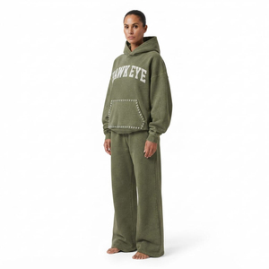 Wholesale <b>Women</b>’s Acid Wash Heavyweight Cotton Fleece Rhinestone Hoodie Wide Leg Pants Two <b>Piece</b> Winter Casual Wear - Product Image 4