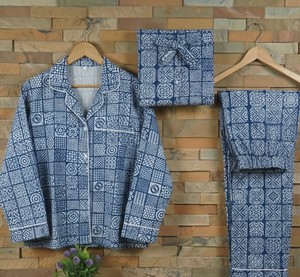 Conjunto de Pijama de Algodón para Mujer, Tejido Térmico, Estampado a Mano con Bloques de Índigo, Corte Cómodo y Relajado, Ropa de Dormir - Product Image 6