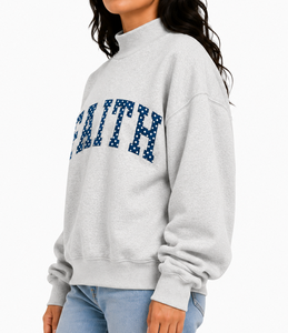 Sweat-shirt à col roulé pour femme, imprimé Faith Letter, gris, en coton tricoté, manches longues, pour l'automne - Product Image 3