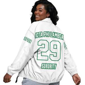 Chaqueta Universitaria Personalizada Iota Phi Lambda para Mujer, Blanca con Letras Griegas Verde Esmeralda, Escudo, Número y Año, Estilo Bomber - Product Image 2