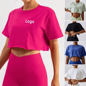 Custom Logo Cotton Spandex Womens Yoga <b>Crop</b> <b>Top</b> Short Sleeve Activewear Gym Training T Shirt - Product Image 1