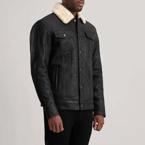 Chaqueta de Cuero Genuino para Hombre, Cuello Camisero, Forro de Piel Sintética, Resistente al Viento, Estilo Motero, Ropa de Invierno - Product Image 1