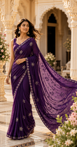 CHOHAN TEXTILE Indian <b>Purple</b> Silk <b>Saree</b> Intricate Gold Embroidery Bridal Wedding Wear Traditional Luxury Women Party Wear Saris - Product Image 4