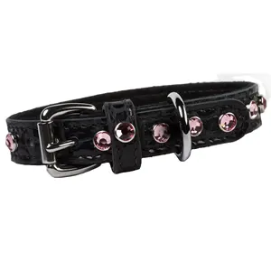 Hot Selling Black Genuine Leather Dog Collar With Rhinestones Studs Decoration Top Indian Supplier Manufacturer And Wholesaler