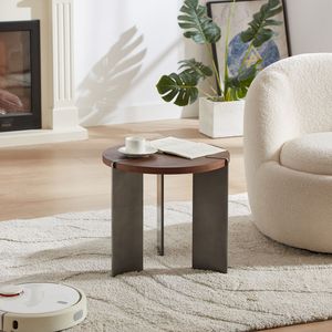 Tavolino da Caffè Rotondo in Legno di Noce con Piedi in Metallo Nero - Product Image 1