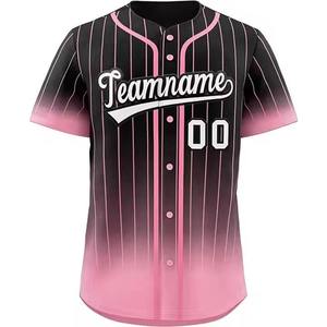 Custom Baseball Jersey Black Pink Gradient Striped Sublimated Moisture Wicking Unisex Adult Short Sleeve <b>Button</b> Front - Product Image 1
